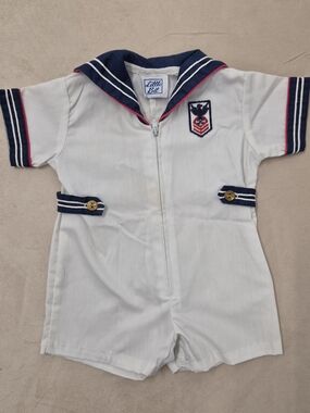 Vtg Little Bit White & Navy Sailor-Style One-Piece Romper Bodysuit Sm
